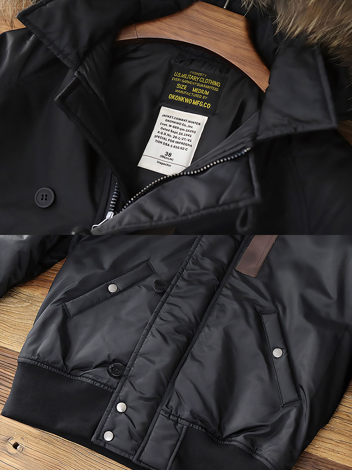 製品画像：N2Bフライトジャケットの正面図。高密度防水ナイロンと天然タヌキファー毛襟を採用し、混合ウールライニングで優れた保温性を実現。冬季のアウトドアや日常コーデに最適なアイテム。
詳細画像：ジャケットのタヌキファー毛襟と内側の混合ウールライニングをクローズアップ。クラシックなミリタリースタイルと防寒性能を兼ね備え、実用性とファッション性が融合したデザイン。