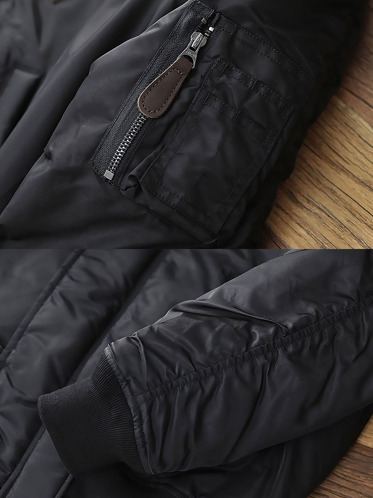 製品画像：N2Bフライトジャケットの正面図。高密度防水ナイロンと天然タヌキファー毛襟を採用し、混合ウールライニングで優れた保温性を実現。冬季のアウトドアや日常コーデに最適なアイテム。
詳細画像：ジャケットのタヌキファー毛襟と内側の混合ウールライニングをクローズアップ。クラシックなミリタリースタイルと防寒性能を兼ね備え、実用性とファッション性が融合したデザイン。