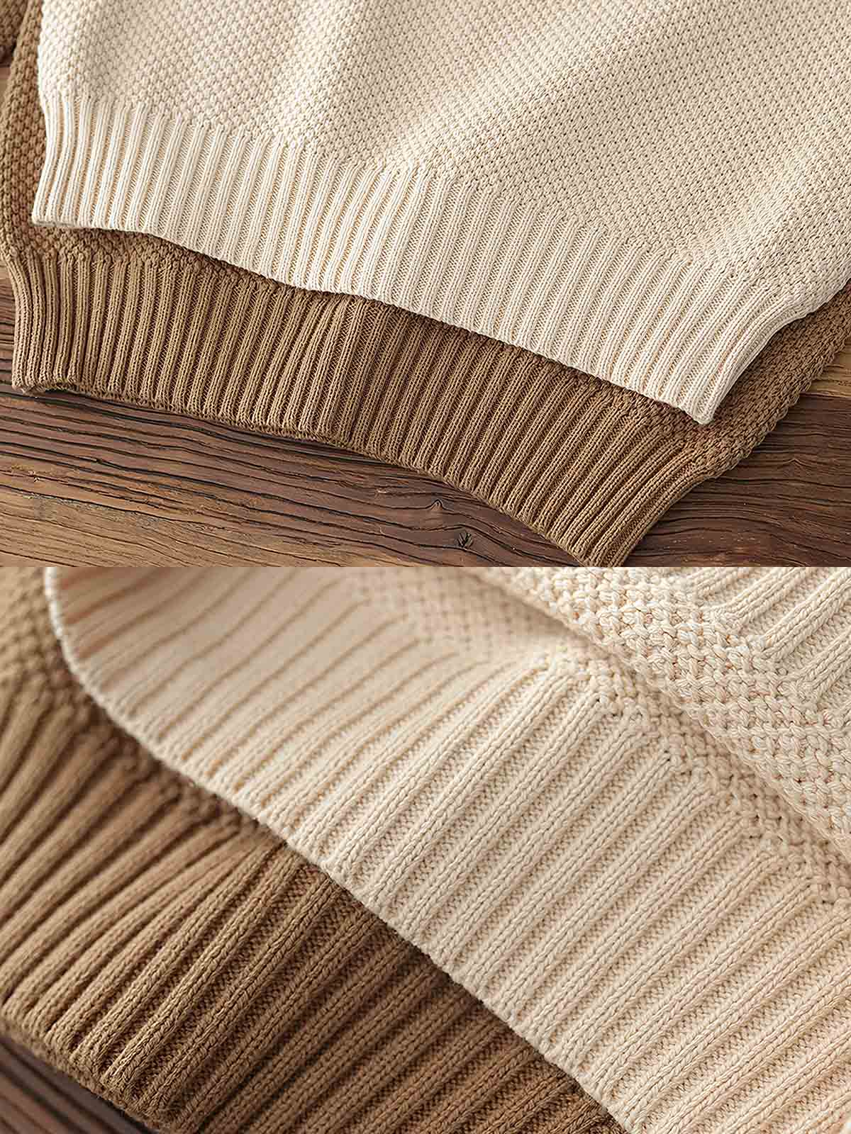 製品画像：ゆったりとしたワッフル編みクルーネックセーターの正面展示。ヴィンテージ風のデザインがカジュアルなスタイルにぴったり。
詳細画像：立体感のあるワッフル編みのディテールをクローズアップ。柔らかさと耐久性を兼ね備えたダブルヤーン素材。