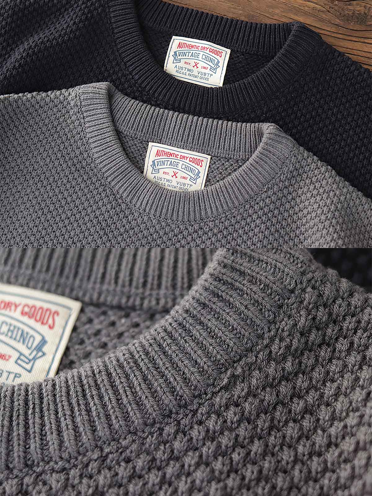 製品画像：ゆったりとしたワッフル編みクルーネックセーターの正面展示。ヴィンテージ風のデザインがカジュアルなスタイルにぴったり。
詳細画像：立体感のあるワッフル編みのディテールをクローズアップ。柔らかさと耐久性を兼ね備えたダブルヤーン素材。