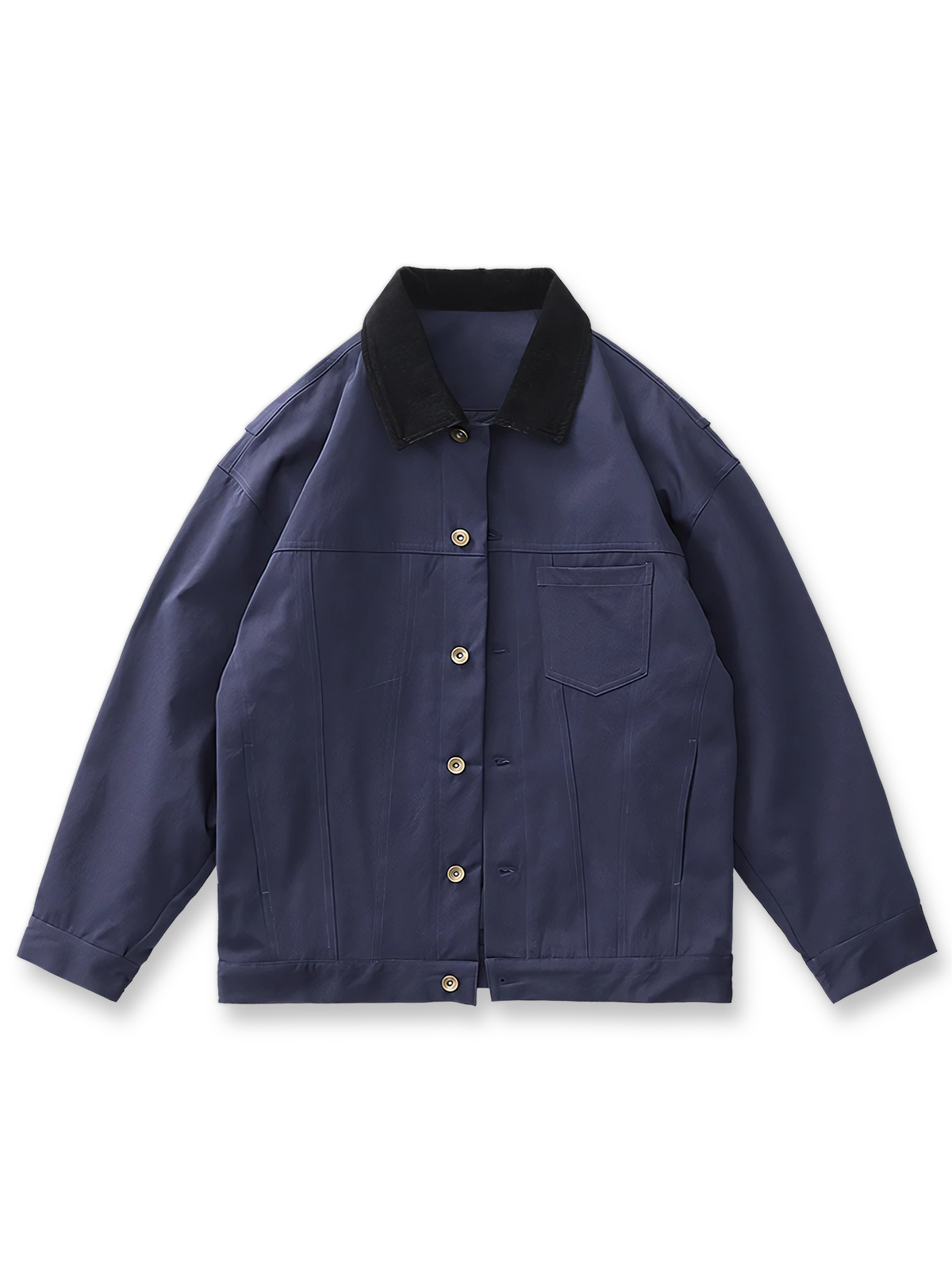 製品画像: コーデュロイ襟 オーバーサイズ ワーク ジャケット 正面、レトロ風デザイン、春秋カジュアルスタイル
詳細画像: 背面のアクションプリーツとボタンフロントのディテール、ワークテイスト、シワになりにくい高密度生地