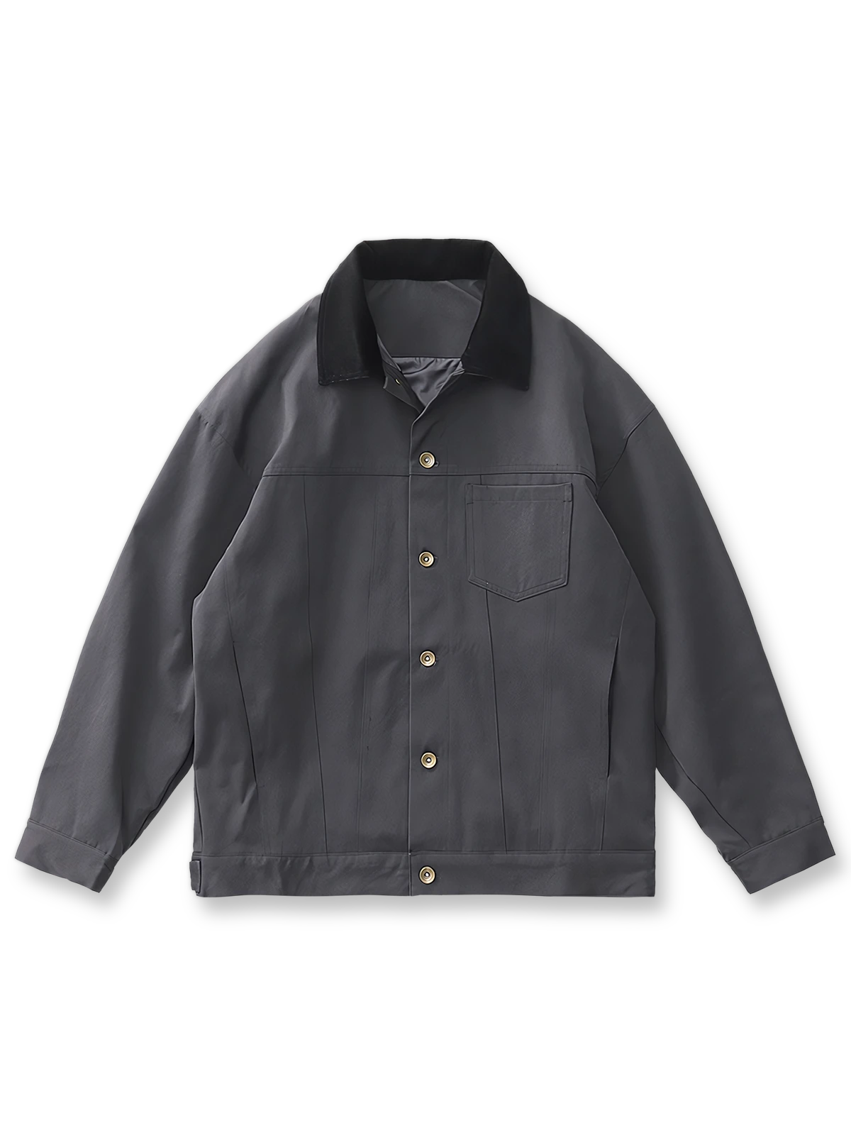 製品画像: コーデュロイ襟 オーバーサイズ ワーク ジャケット 正面、レトロ風デザイン、春秋カジュアルスタイル
詳細画像: 背面のアクションプリーツとボタンフロントのディテール、ワークテイスト、シワになりにくい高密度生地