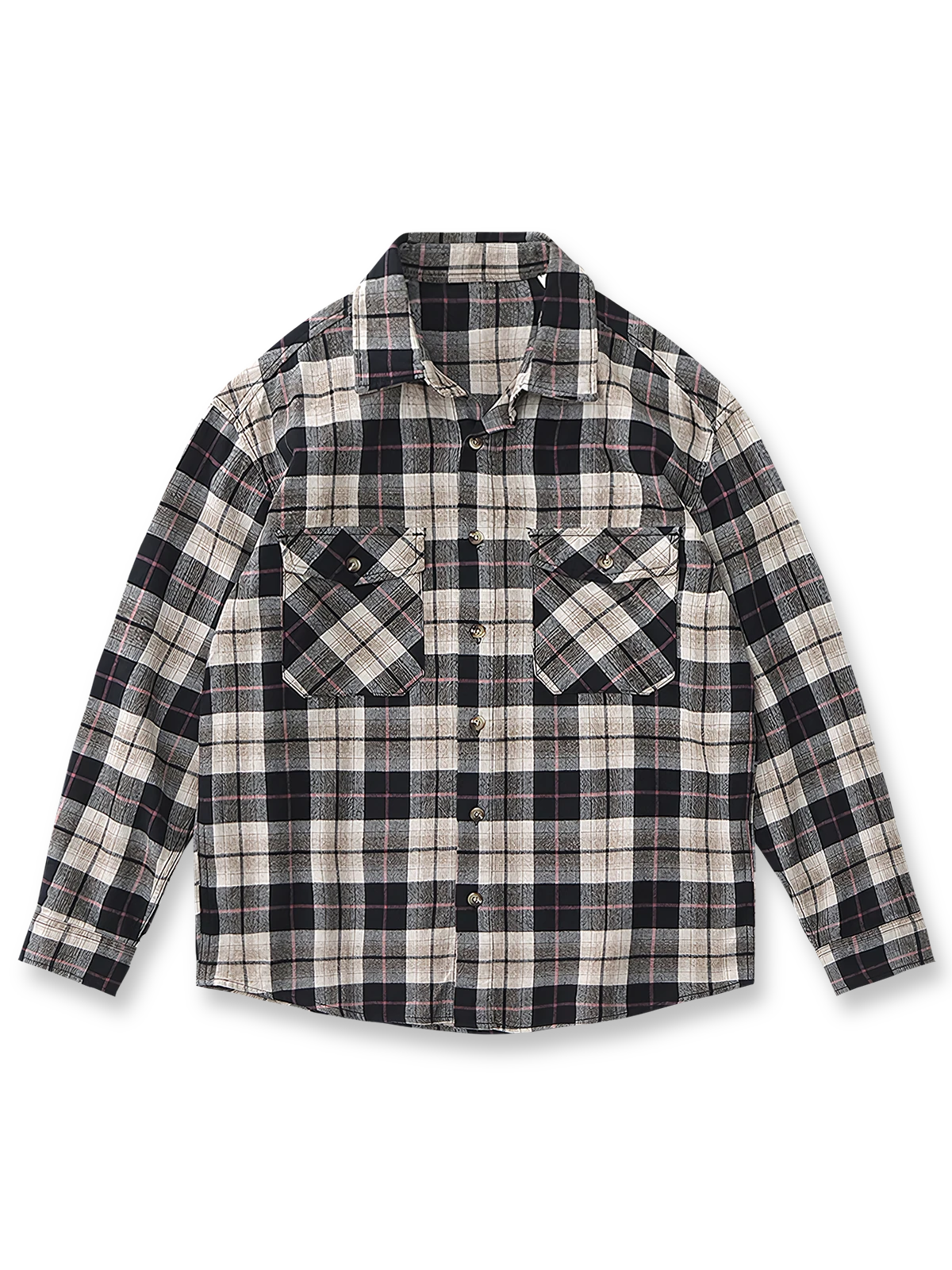 製品画像: ヴィンテージ風 ブラッシュド ヘリンボーン チェック コットン 長袖シャツ 正面、オーバーサイズデザイン
詳細画像: ヘリンボーンチェック生地とクラシックな胸ポケットのディテール、柔らかく快適な質感