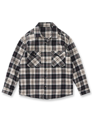 製品画像: ヴィンテージ風 ブラッシュド ヘリンボーン チェック コットン 長袖シャツ 正面、オーバーサイズデザイン
詳細画像: ヘリンボーンチェック生地とクラシックな胸ポケットのディテール、柔らかく快適な質感