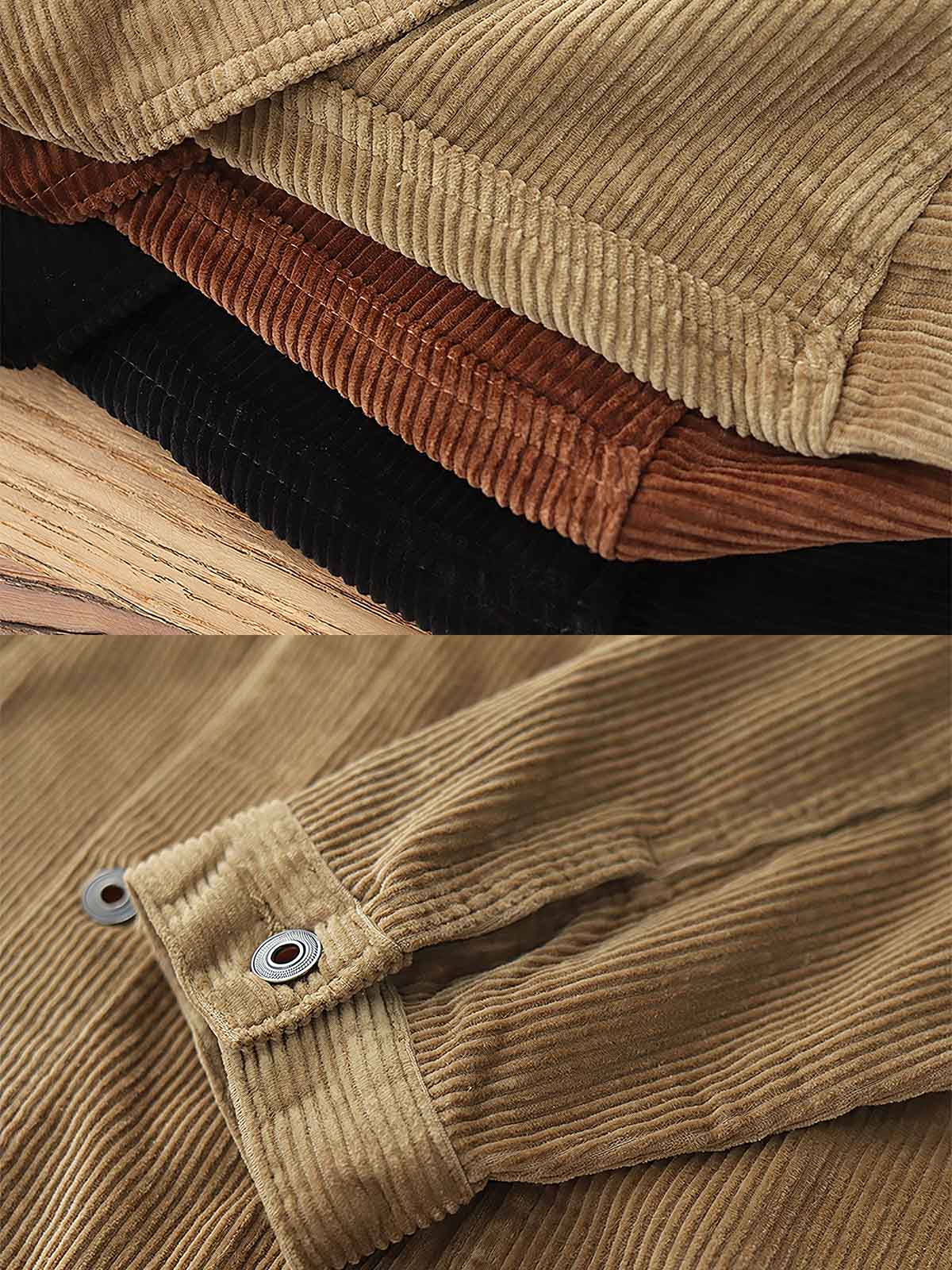 製品画像: ヴィンテージ コーデュロイ Type III ジャケット 正面、クラシックなレトロ風デザイン、秋冬に最適
詳細画像: コーデュロイ生地の柔らかな質感とウォッシュ加工のディテール、ヴィンテージ感