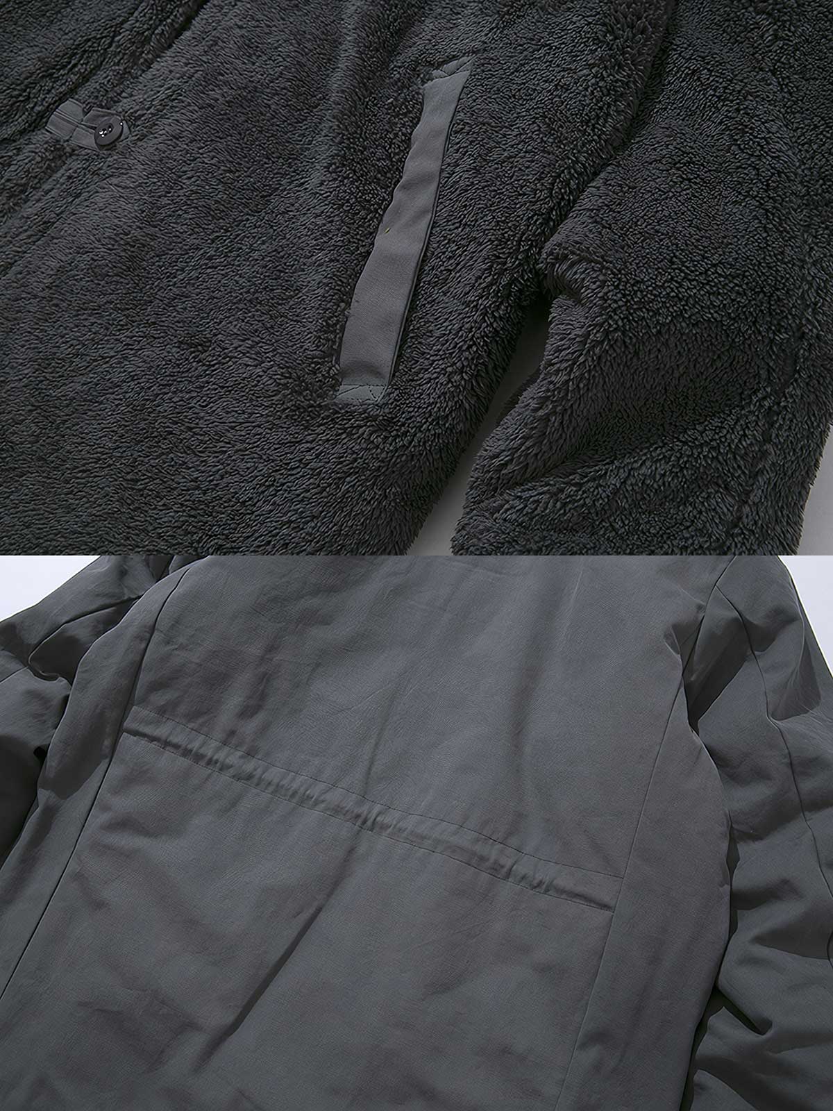 製品画像: リバーシブル厚手コーラルフリースヴィンテージワークコート全体表示。コットン表地とコーラルフリース裏地の組み合わせで、保温性とスタイルを両立したデザイン。

詳細画像: スタンドカラーとフリース裏地のディテール表示。すっきりとしたシルエットと柔らかいフリース素材が特徴。