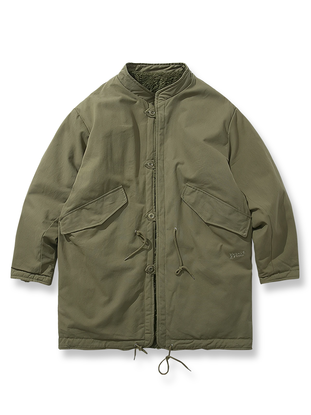 製品画像: リバーシブル厚手コーラルフリースヴィンテージワークコート全体表示。コットン表地とコーラルフリース裏地の組み合わせで、保温性とスタイルを両立したデザイン。

詳細画像: スタンドカラーとフリース裏地のディテール表示。すっきりとしたシルエットと柔らかいフリース素材が特徴。