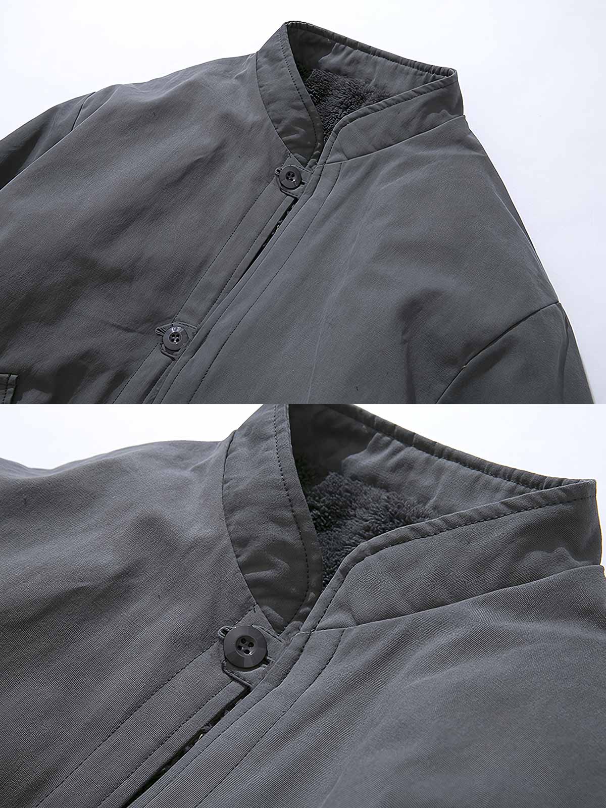 製品画像: リバーシブル厚手コーラルフリースヴィンテージワークコート全体表示。コットン表地とコーラルフリース裏地の組み合わせで、保温性とスタイルを両立したデザイン。

詳細画像: スタンドカラーとフリース裏地のディテール表示。すっきりとしたシルエットと柔らかいフリース素材が特徴。