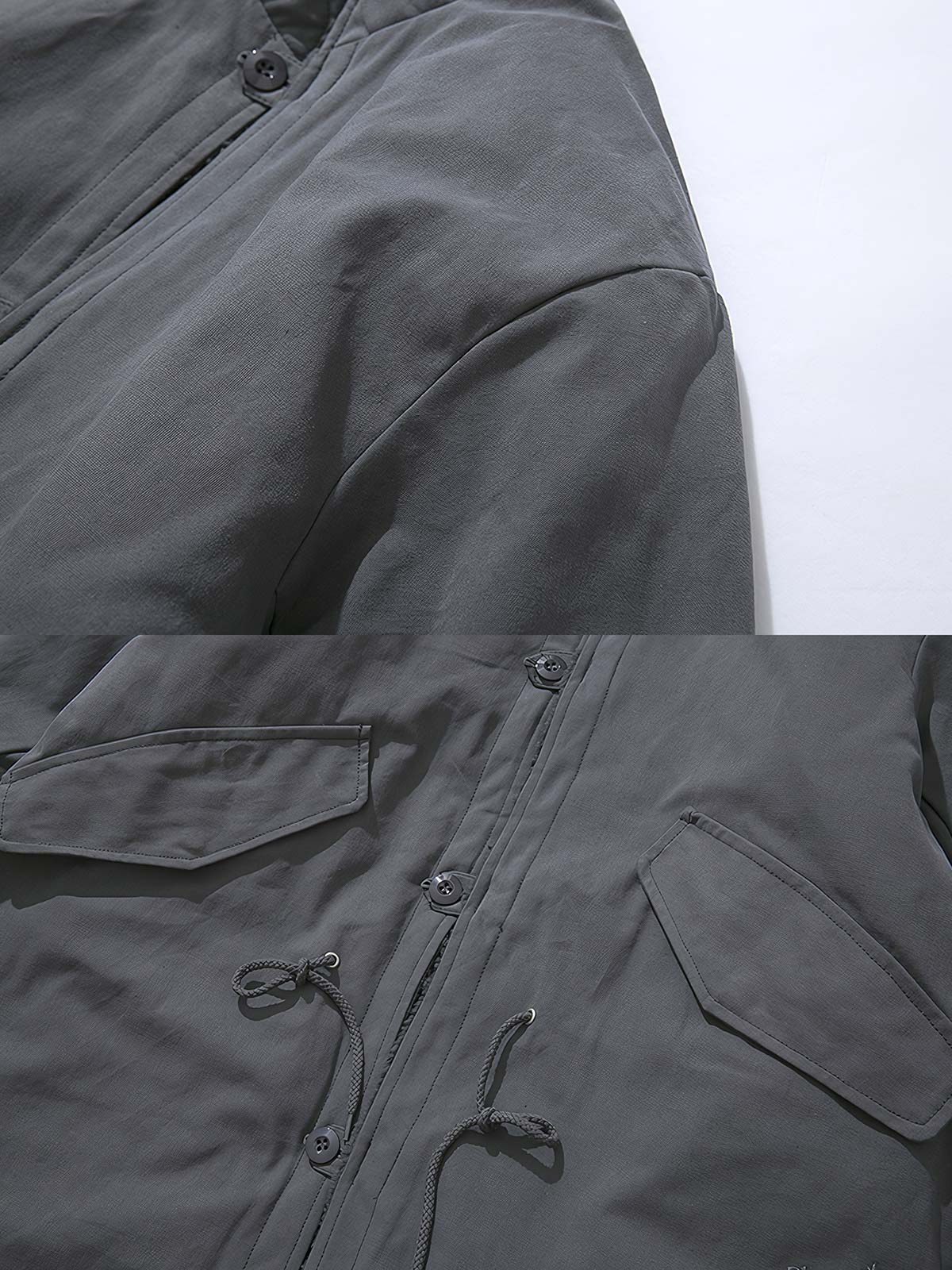 製品画像: リバーシブル厚手コーラルフリースヴィンテージワークコート全体表示。コットン表地とコーラルフリース裏地の組み合わせで、保温性とスタイルを両立したデザイン。

詳細画像: スタンドカラーとフリース裏地のディテール表示。すっきりとしたシルエットと柔らかいフリース素材が特徴。