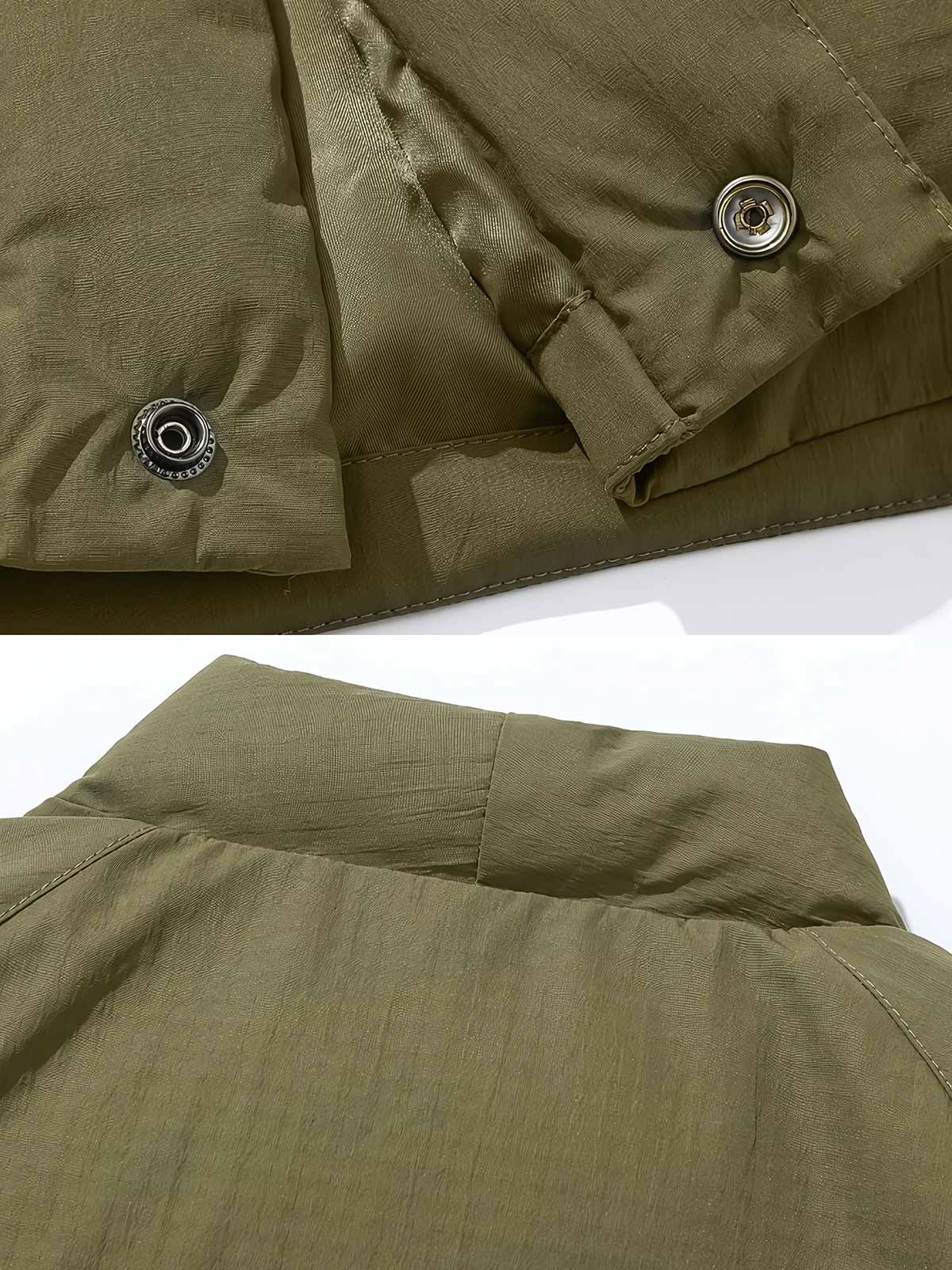 製品画像: アウトドア用ヴィンテージVネックワークジャケット全体展示。厚手で保温性のあるデザインが特徴。

詳細画像: Vネックとジップポケットのディテール展示。立体感と実用性が高いポケットが映えるデザイン。