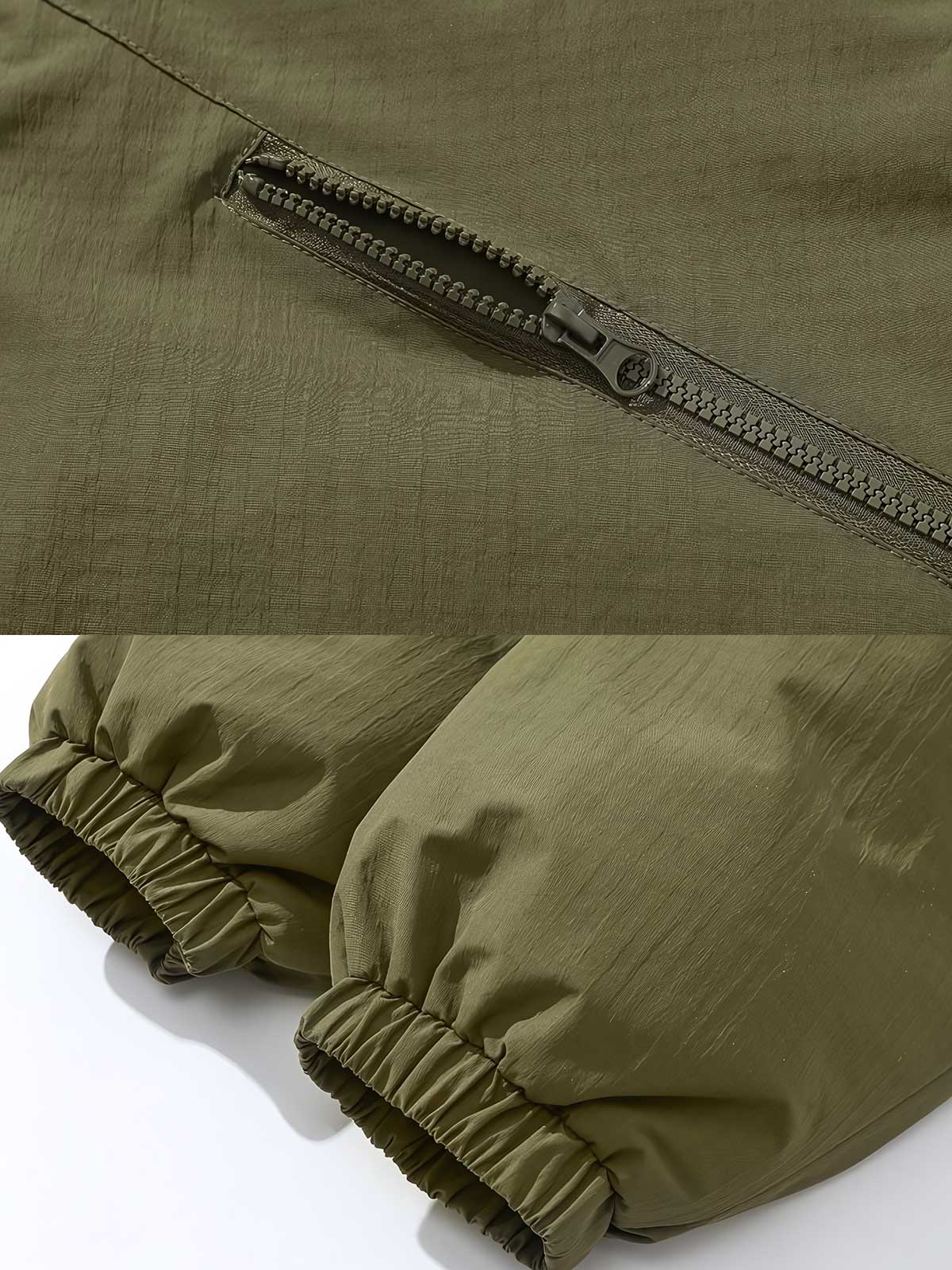 製品画像: アウトドア用ヴィンテージVネックワークジャケット全体展示。厚手で保温性のあるデザインが特徴。

詳細画像: Vネックとジップポケットのディテール展示。立体感と実用性が高いポケットが映えるデザイン。