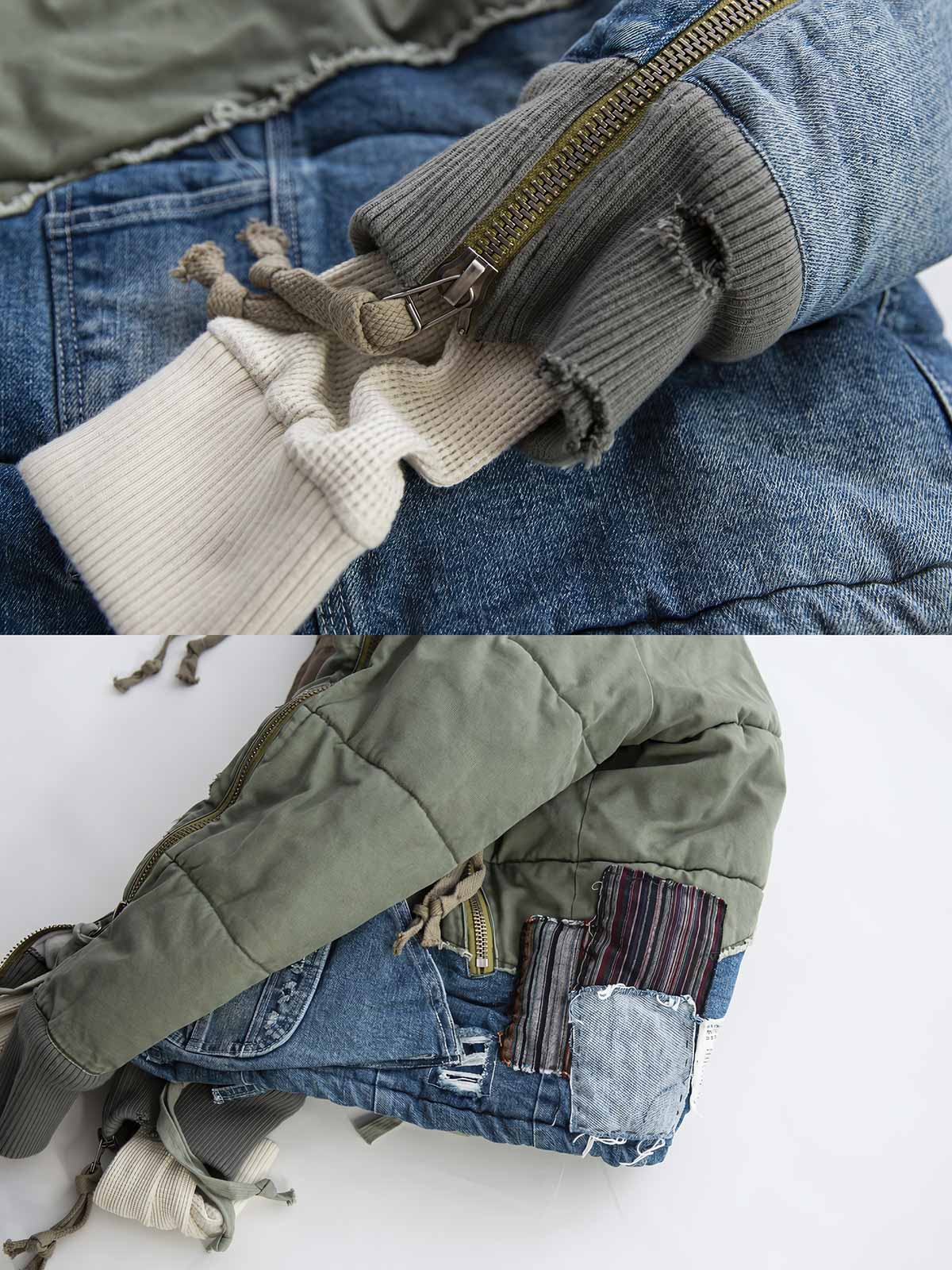 製品画像: ヘビーウェイト ダメージパッチ デニム 中綿ジャケット全体展示。多素材コンビネーションと厚手仕様で冬にぴったりのデザイン。

詳細画像: コンビネーションディテールとダメージパッチデザイン展示。視覚的な立体感とヴィンテージ感が際立つ仕上がり。
