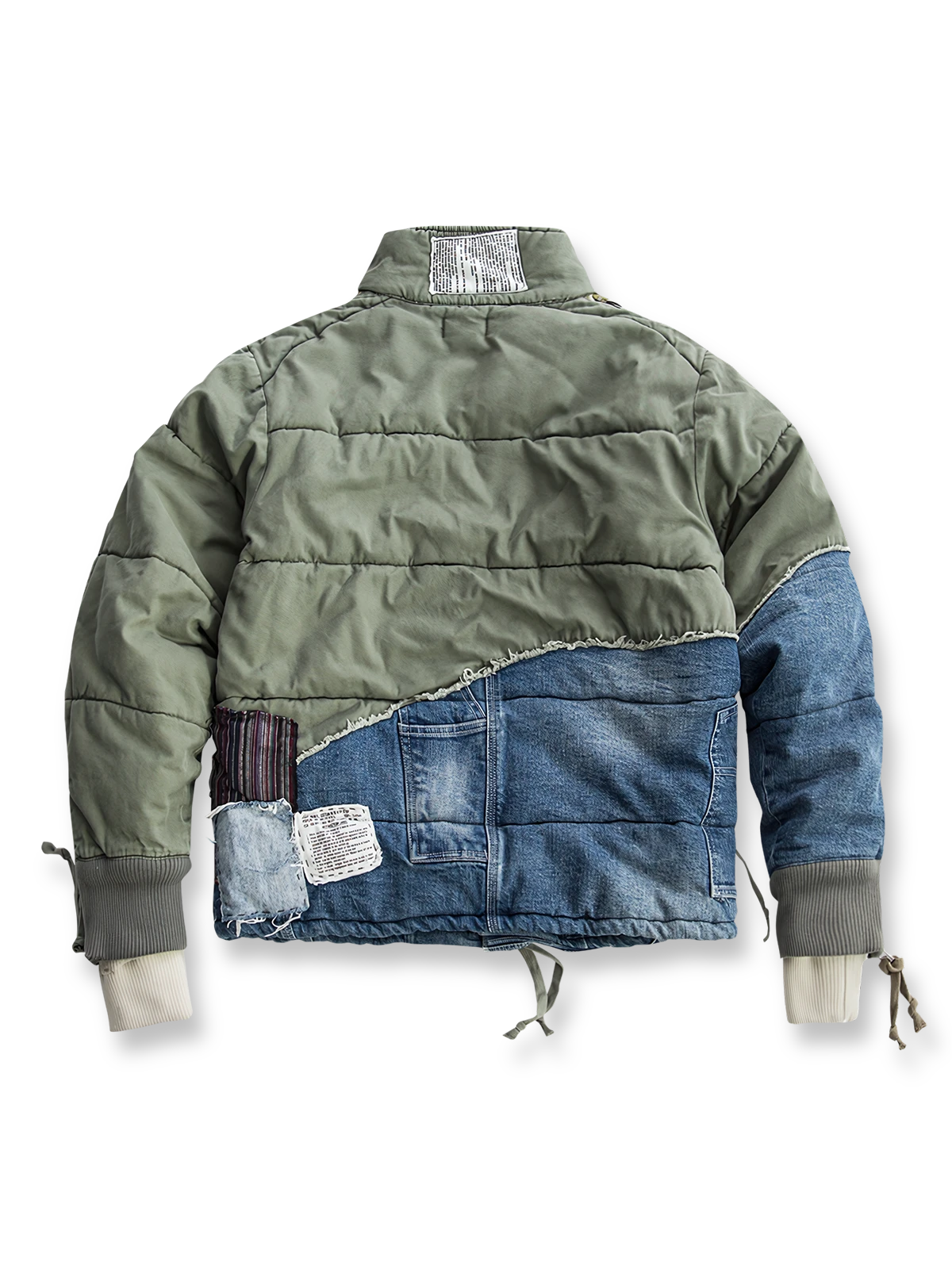 製品画像: ヘビーウェイト ダメージパッチ デニム 中綿ジャケット全体展示。多素材コンビネーションと厚手仕様で冬にぴったりのデザイン。

詳細画像: コンビネーションディテールとダメージパッチデザイン展示。視覚的な立体感とヴィンテージ感が際立つ仕上がり。
