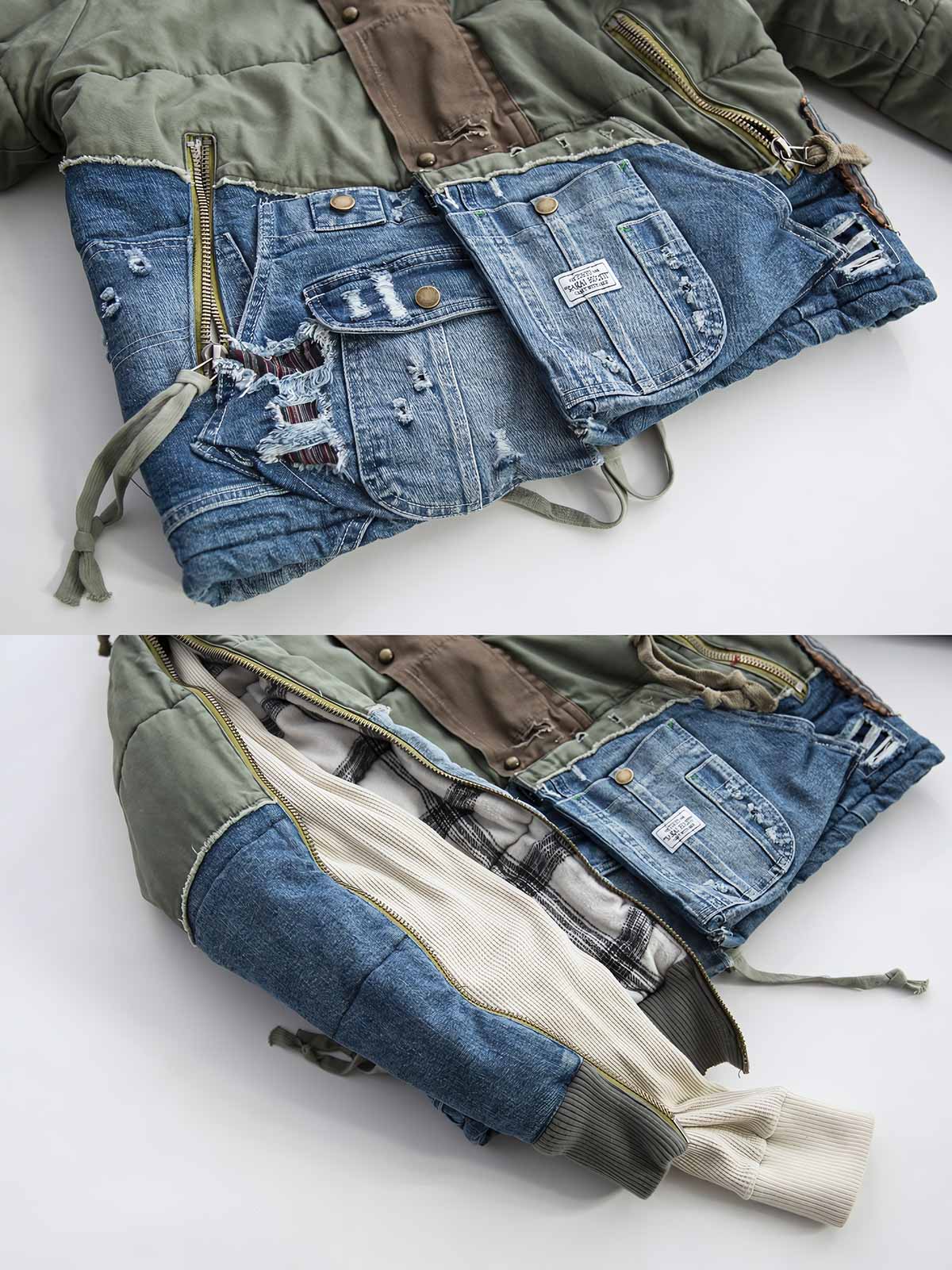 製品画像: ヘビーウェイト ダメージパッチ デニム 中綿ジャケット全体展示。多素材コンビネーションと厚手仕様で冬にぴったりのデザイン。

詳細画像: コンビネーションディテールとダメージパッチデザイン展示。視覚的な立体感とヴィンテージ感が際立つ仕上がり。
