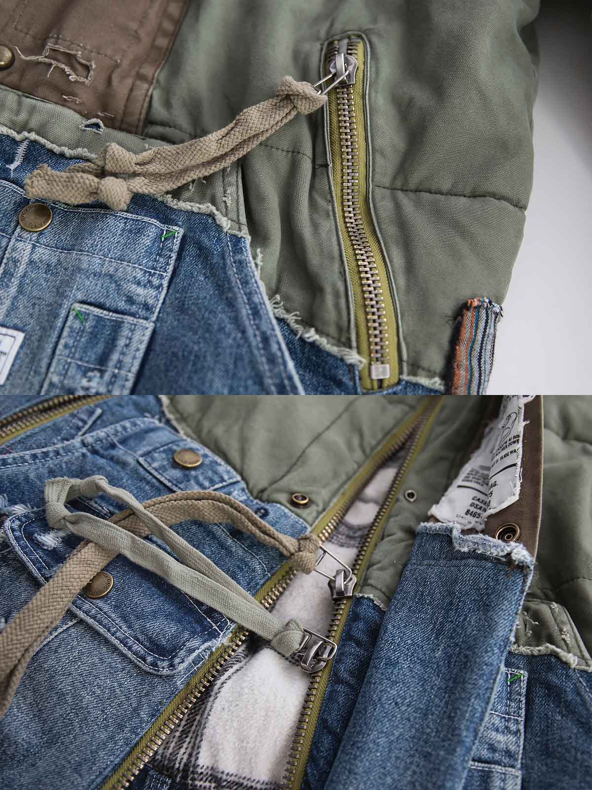 製品画像: ヘビーウェイト ダメージパッチ デニム 中綿ジャケット全体展示。多素材コンビネーションと厚手仕様で冬にぴったりのデザイン。

詳細画像: コンビネーションディテールとダメージパッチデザイン展示。視覚的な立体感とヴィンテージ感が際立つ仕上がり。
