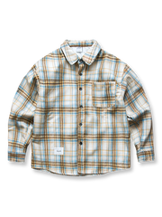 製品画像: ヴィンテージチェック柄裏起毛シャツ全体表示。温かみのある小粋なチェック柄で、ゆったりしたシルエットが特徴の秋冬シャツ。

詳細画像: 裏起毛のディテール画像。柔らかな質感が伝わるデザインで、快適な着心地と保温性が実感できる仕上がり。