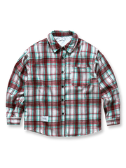 製品画像: ヴィンテージチェック柄裏起毛シャツ全体表示。温かみのある小粋なチェック柄で、ゆったりしたシルエットが特徴の秋冬シャツ。

詳細画像: 裏起毛のディテール画像。柔らかな質感が伝わるデザインで、快適な着心地と保温性が実感できる仕上がり。