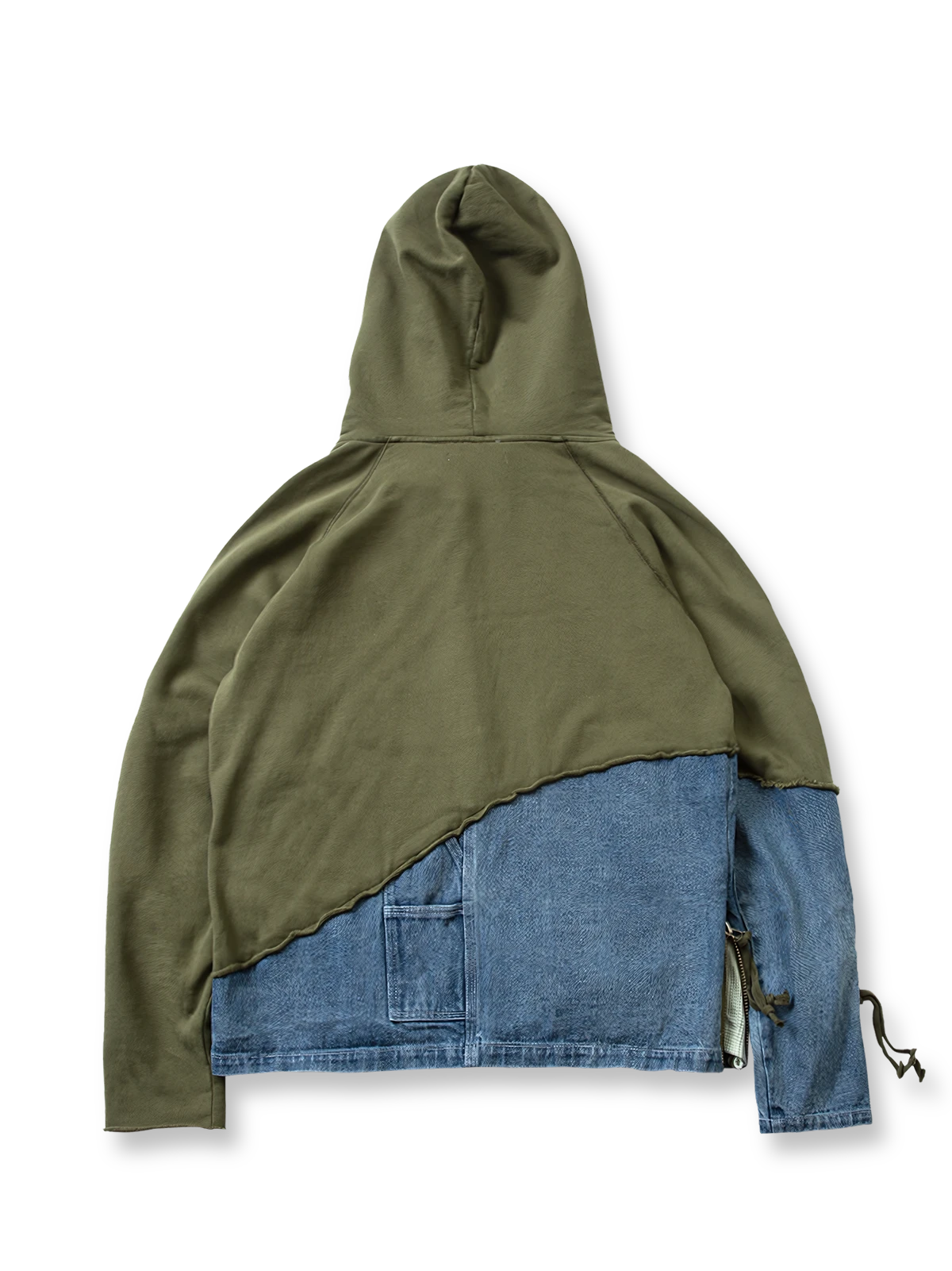 製品画像: オリーブグリーンとウォッシュデニムが特徴の異素材パッチワークフーディージャケット全体表示。ヴィンテージと現代のカジュアルスタイルが融合したデザイン。

詳細画像: パッチワークのディテールと生地感が見える表示。異素材の質感が楽しめる仕上がりで、立体感が際立ちます。