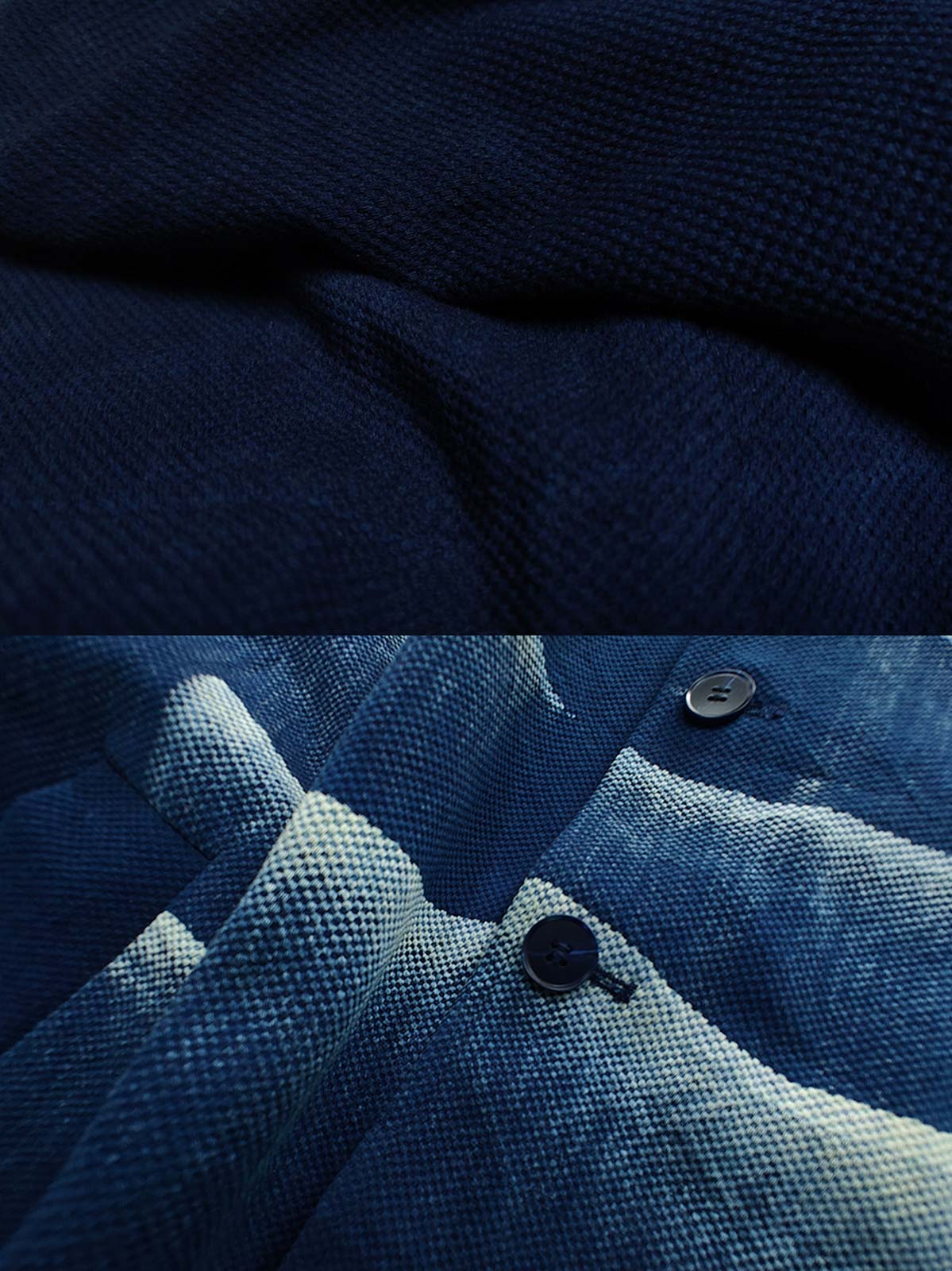 製品画像: 雲海柄藍染めバイカージャケット全体表示。ジャカードコットン素材と独特な抜染技法で、都会と自然が交わるデザイン。

詳細画像: 雲海抜染柄と伸縮性のある裾デザインのディテール表示。テクスチャーの深みと実用的な裾仕上げが際立つディテール。