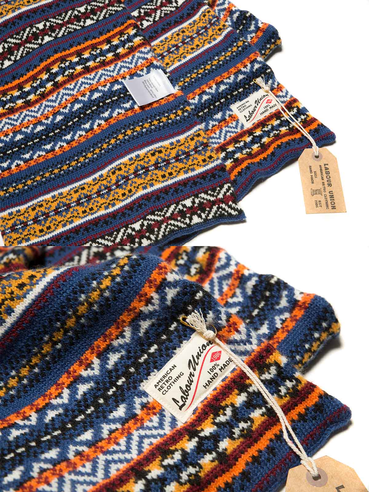 製品画像：シェトランドウールを使用したフェアアイランド柄マフラーの全体展示。柔らかな手触りと洗練されたデザインが特徴で、ヴィンテージ感溢れる編み模様と豊かなカラーリングが魅力的です。

詳細画像：マフラーの織り目とフェアアイランド柄のディテールが鮮明に描かれており、シェトランドウール特有の柔らかな質感と耐久性が伝わります。染色技術にこだわったカラフルな糸が、アクセントとなる美しいデザインを際立たせています。