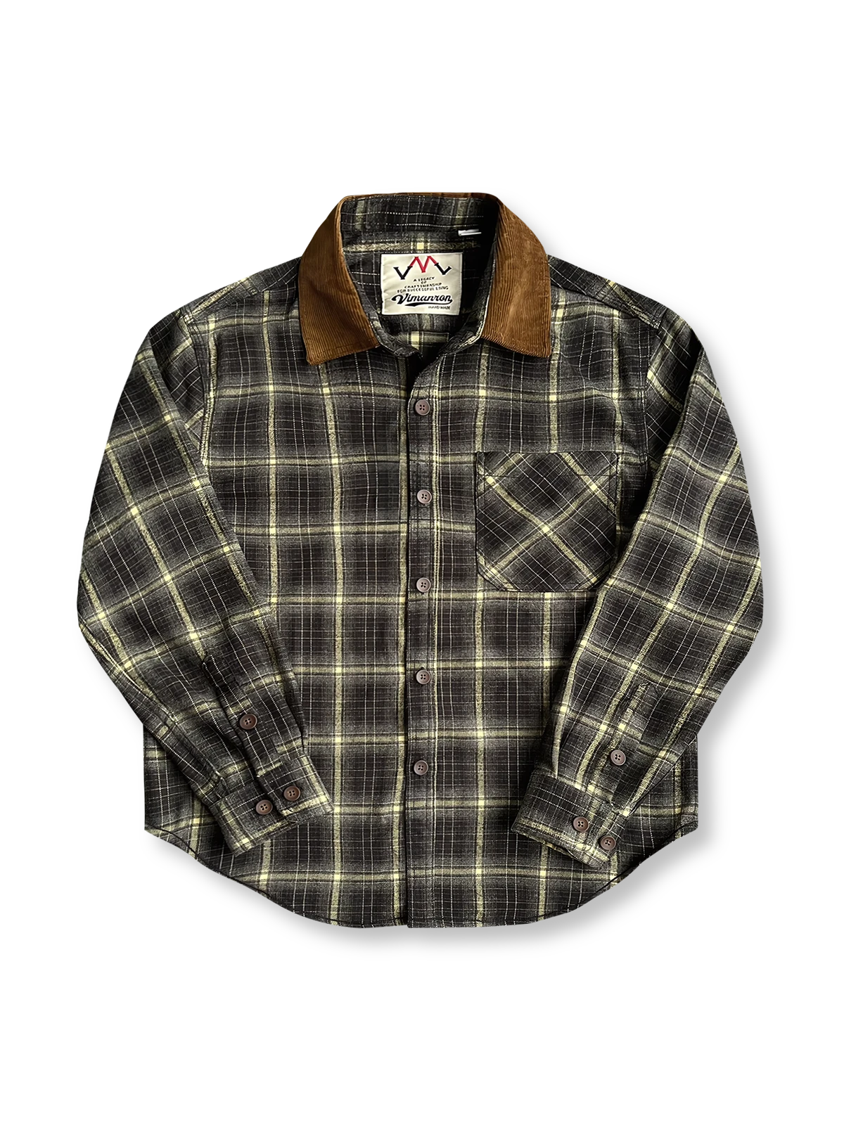 製品画像：コーデュロイ襟のチェック柄長袖シャツ全体展示

詳細画像：起毛チェック柄生地とコーデュロイ襟のディテール、胸ポケットのアップ
