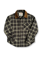 製品画像：コーデュロイ襟のチェック柄長袖シャツ全体展示

詳細画像：起毛チェック柄生地とコーデュロイ襟のディテール、胸ポケットのアップ
