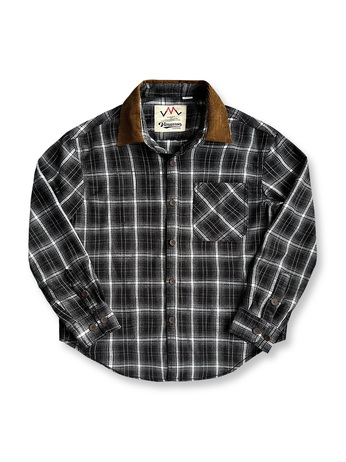 製品画像：コーデュロイ襟のチェック柄長袖シャツ全体展示

詳細画像：起毛チェック柄生地とコーデュロイ襟のディテール、胸ポケットのアップ
