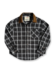 製品画像：コーデュロイ襟のチェック柄長袖シャツ全体展示

詳細画像：起毛チェック柄生地とコーデュロイ襟のディテール、胸ポケットのアップ
