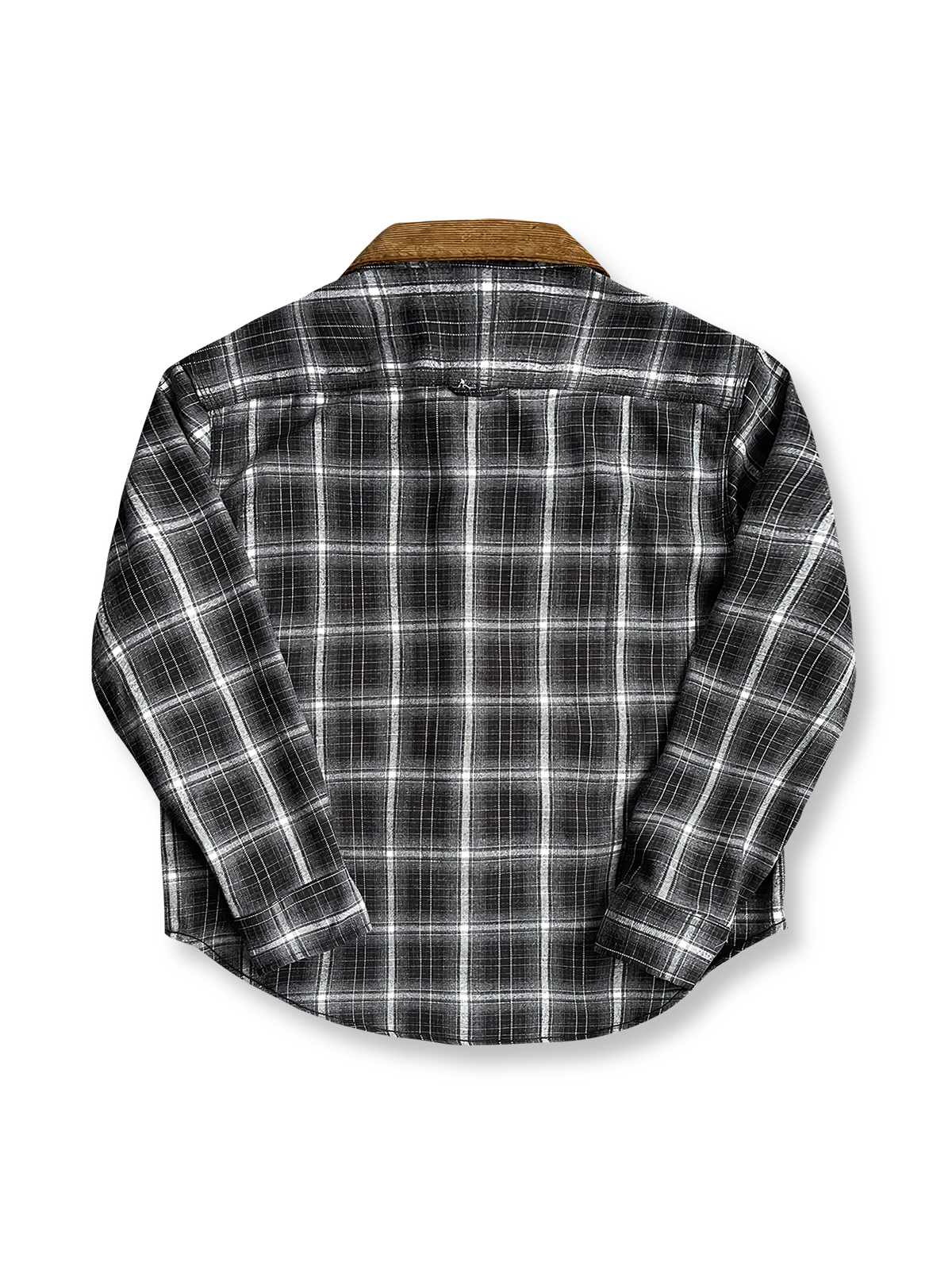 製品画像：コーデュロイ襟のチェック柄長袖シャツ全体展示

詳細画像：起毛チェック柄生地とコーデュロイ襟のディテール、胸ポケットのアップ
