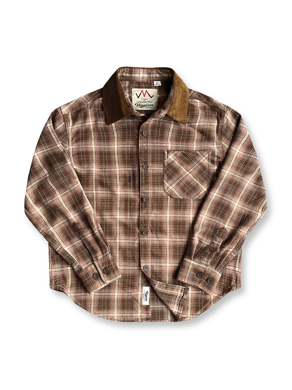 製品画像：コーデュロイ襟のチェック柄長袖シャツ全体展示

詳細画像：起毛チェック柄生地とコーデュロイ襟のディテール、胸ポケットのアップ
