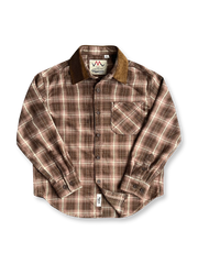 製品画像：コーデュロイ襟のチェック柄長袖シャツ全体展示

詳細画像：起毛チェック柄生地とコーデュロイ襟のディテール、胸ポケットのアップ
