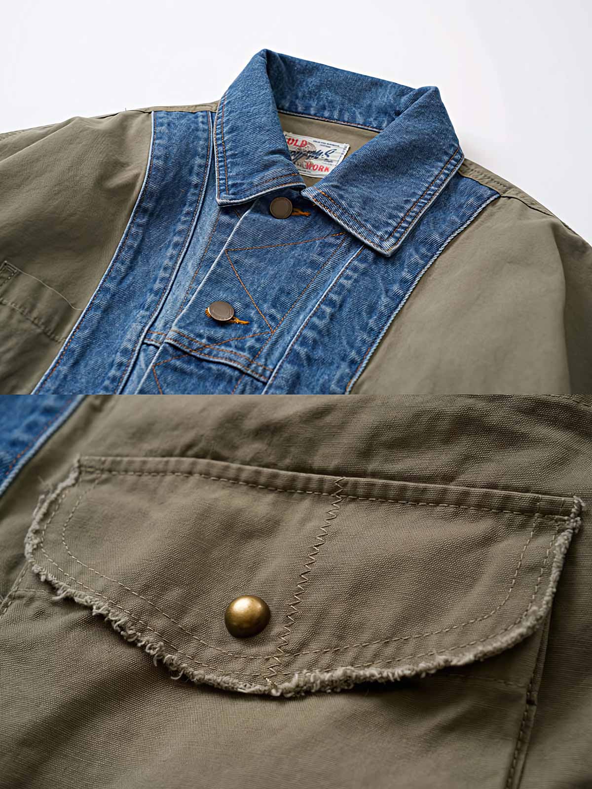 製品画像：
マルチ素材パッチワークデニムジャケットの全体画像。ミリタリーグリーンとデニム素材のパッチワークが特徴的で、ウォッシュ加工によりヴィンテージ感とトレンド感を兼ね備えています。

詳細画像：
ジャケットのパッチワークデザイン、ウォッシュ加工によるユーズド感、ディテールにこだわったボタンとジッパー部分。