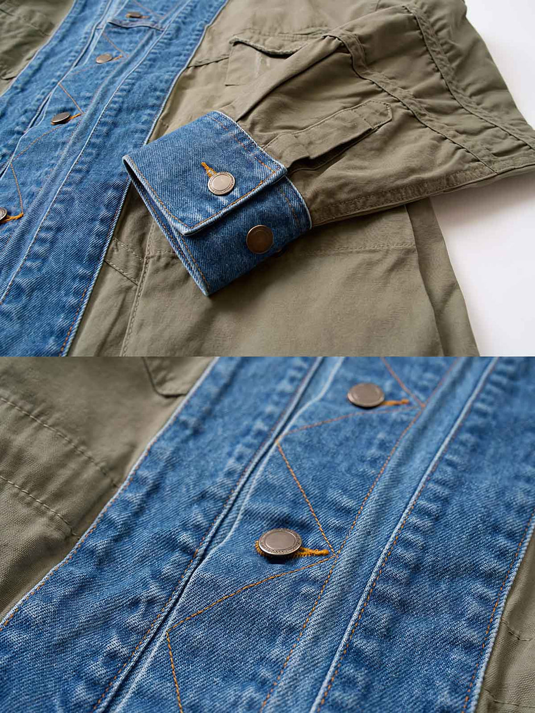 製品画像：
マルチ素材パッチワークデニムジャケットの全体画像。ミリタリーグリーンとデニム素材のパッチワークが特徴的で、ウォッシュ加工によりヴィンテージ感とトレンド感を兼ね備えています。

詳細画像：
ジャケットのパッチワークデザイン、ウォッシュ加工によるユーズド感、ディテールにこだわったボタンとジッパー部分。
