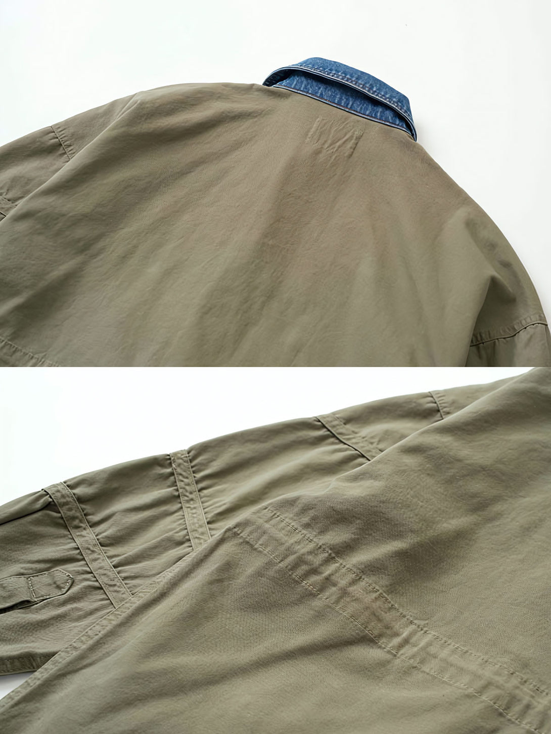 製品画像：
マルチ素材パッチワークデニムジャケットの全体画像。ミリタリーグリーンとデニム素材のパッチワークが特徴的で、ウォッシュ加工によりヴィンテージ感とトレンド感を兼ね備えています。

詳細画像：
ジャケットのパッチワークデザイン、ウォッシュ加工によるユーズド感、ディテールにこだわったボタンとジッパー部分。