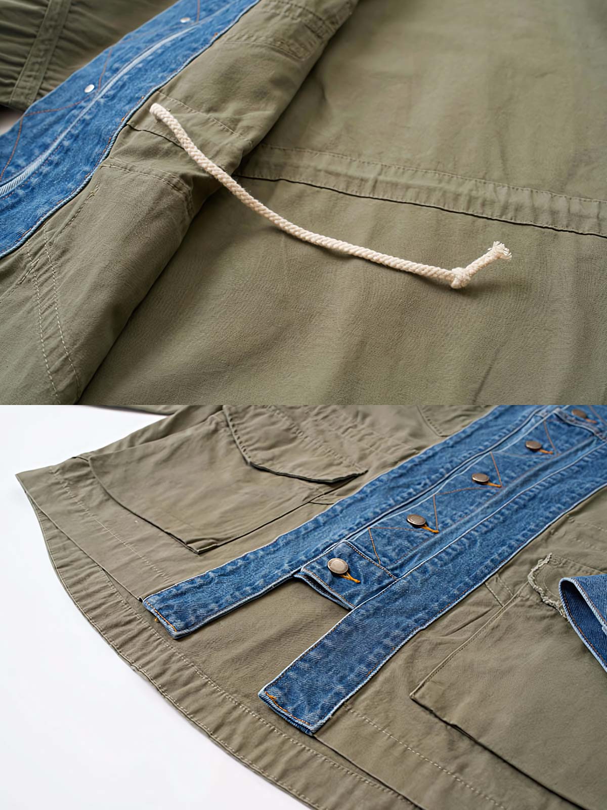 製品画像：
マルチ素材パッチワークデニムジャケットの全体画像。ミリタリーグリーンとデニム素材のパッチワークが特徴的で、ウォッシュ加工によりヴィンテージ感とトレンド感を兼ね備えています。

詳細画像：
ジャケットのパッチワークデザイン、ウォッシュ加工によるユーズド感、ディテールにこだわったボタンとジッパー部分。