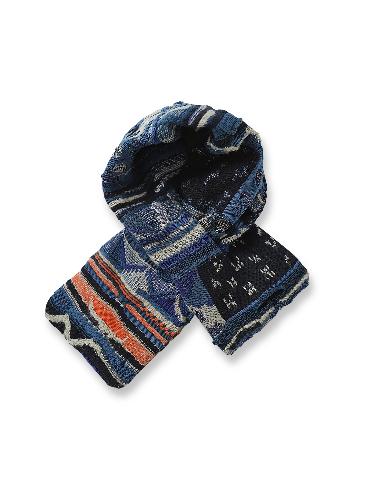 製品画像： ヴィンテージ風ウォッシュ加工厚手ニットマフラーを正面から撮影した画像。マフラーのテクスチャーやウォッシュ加工のディテールが鮮明に見えるように、素材感を強調したアングルで撮影。

詳細画像： マフラーの部分ごとにクローズアップした画像。特に、ダウン入りバージョンとコットン入りバージョンの違いや、開口部のディテールを強調した画像を撮影。マフラーの質感、縫製、仕上げ部分を鮮明に見せる。