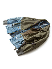 製品画像: マルチ素材のパッチワークワークジャケットの全体展示。個性的な解構デザインとスタンドカラーが特徴で、耐久性とスタイルを兼ね備えたヴィンテージ風ジャケット。
詳細画像: ジャケットのパッチワークと解構デザインのディテール。多素材のコンビネーションと精巧な仕上げが施され、トレンドを意識したワークスタイルを表現。