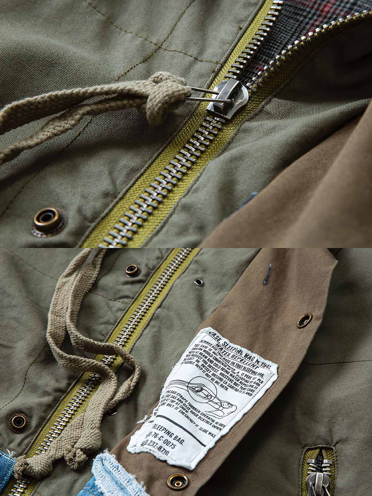 製品画像: マルチ素材のパッチワークワークジャケットの全体展示。個性的な解構デザインとスタンドカラーが特徴で、耐久性とスタイルを兼ね備えたヴィンテージ風ジャケット。
詳細画像: ジャケットのパッチワークと解構デザインのディテール。多素材のコンビネーションと精巧な仕上げが施され、トレンドを意識したワークスタイルを表現。