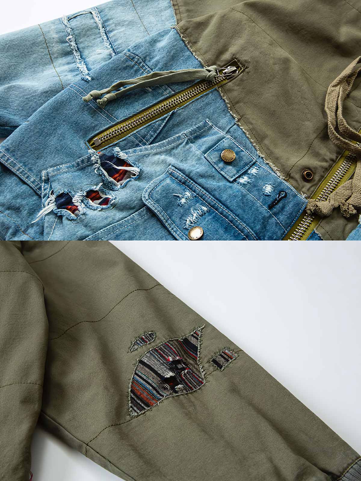 製品画像: マルチ素材のパッチワークワークジャケットの全体展示。個性的な解構デザインとスタンドカラーが特徴で、耐久性とスタイルを兼ね備えたヴィンテージ風ジャケット。
詳細画像: ジャケットのパッチワークと解構デザインのディテール。多素材のコンビネーションと精巧な仕上げが施され、トレンドを意識したワークスタイルを表現。