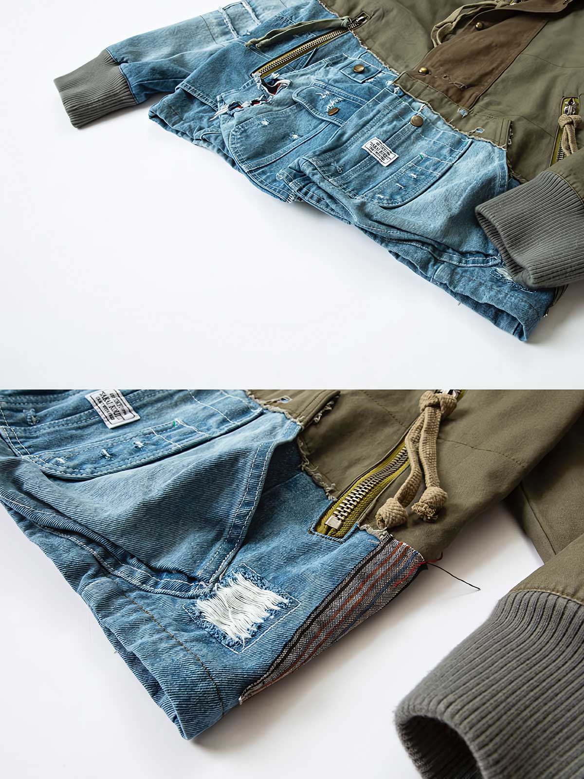 製品画像: マルチ素材のパッチワークワークジャケットの全体展示。個性的な解構デザインとスタンドカラーが特徴で、耐久性とスタイルを兼ね備えたヴィンテージ風ジャケット。
詳細画像: ジャケットのパッチワークと解構デザインのディテール。多素材のコンビネーションと精巧な仕上げが施され、トレンドを意識したワークスタイルを表現。