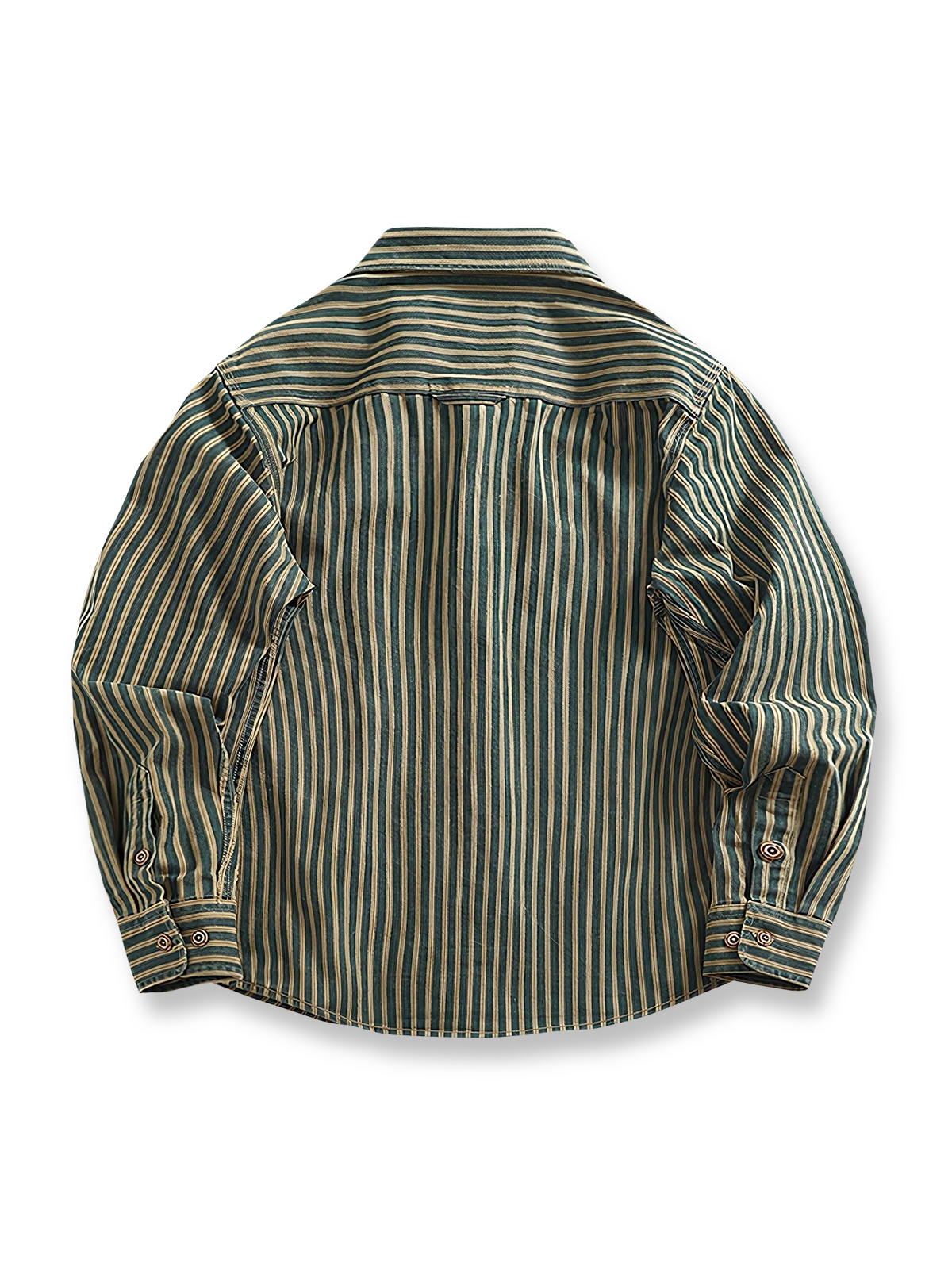 1. 製品画像（Main Image）：
ストライプ柄ワークシャツ、ヴィンテージ風デザイン、ウォッシュ加工シャツ、秋冬向けシャツ、厚手ワークシャツ

2. 詳細画像（Detail Image）：
ストライプ柄のアップ画像、ウォッシュ加工の生地、ワークシャツのディテール、フラップポケットとアーチ型裾の特写