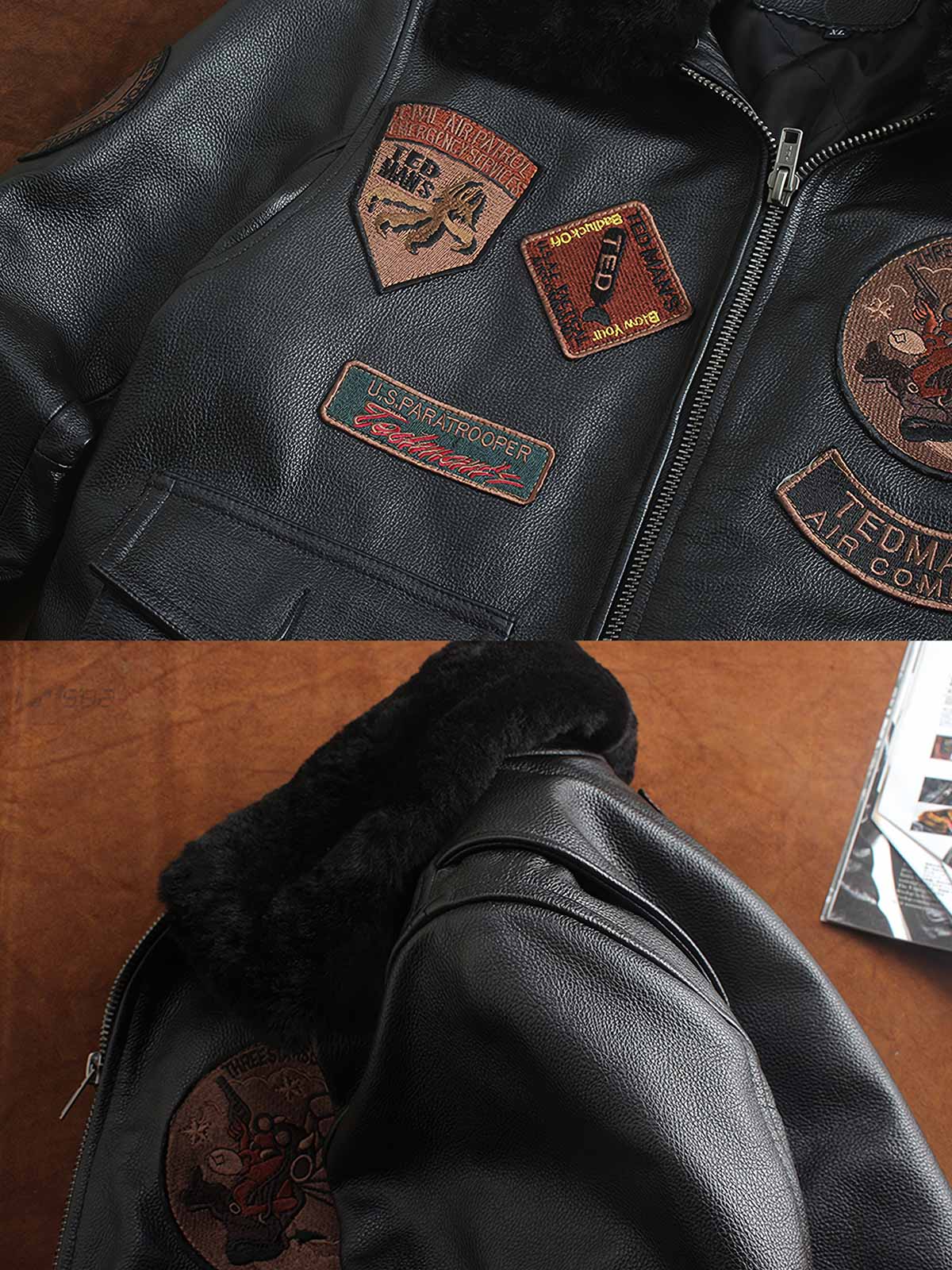 製品画像（Main Image）： G1ムートン襟本革フライトジャケット、クラシックなムートン襟とワッペン付きデザイン、ヴィンテージミリタリースタイルジャケット、アメリカンヴィンテージジャケット、本革フライトジャケット

詳細画像（Zoom-In Image or Detail Image）： G1ムートン襟フライトジャケットのディテール、精巧なワッペン、ムートン襟部分、ワッペン装飾のクローズアップ