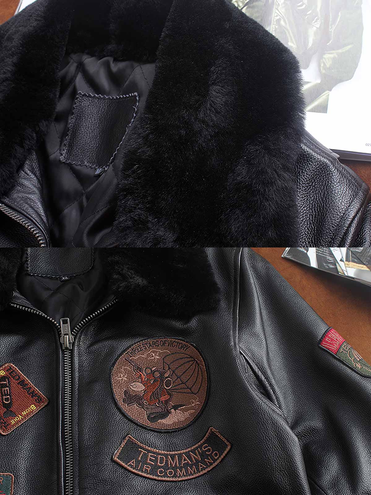 製品画像（Main Image）： G1ムートン襟本革フライトジャケット、クラシックなムートン襟とワッペン付きデザイン、ヴィンテージミリタリースタイルジャケット、アメリカンヴィンテージジャケット、本革フライトジャケット

詳細画像（Zoom-In Image or Detail Image）： G1ムートン襟フライトジャケットのディテール、精巧なワッペン、ムートン襟部分、ワッペン装飾のクローズアップ