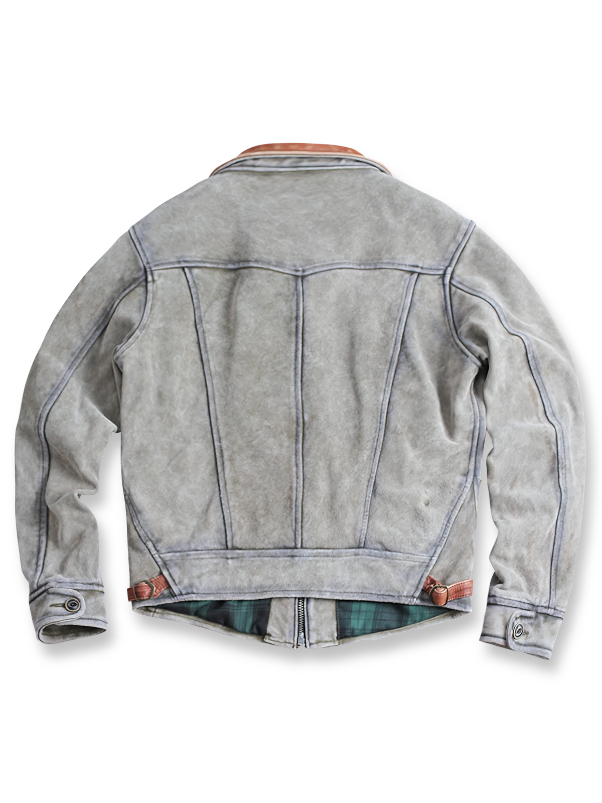 製品画像（Main Image）： メンドーサ ヴィンテージ加工 トップレザー ジャケット、アメカジスタイルジャケット、ヴィンテージレザージャケット、ムーンポケットデザイン、ライダースジャケット、チェック柄裏地ジャケット、コントラストカラー レザー

詳細画像（Detail Image）： メンドーサレザージャケット、ムーンポケットディテール、ライダース風カッティング、チェック柄裏地、レザーコントラストカラー