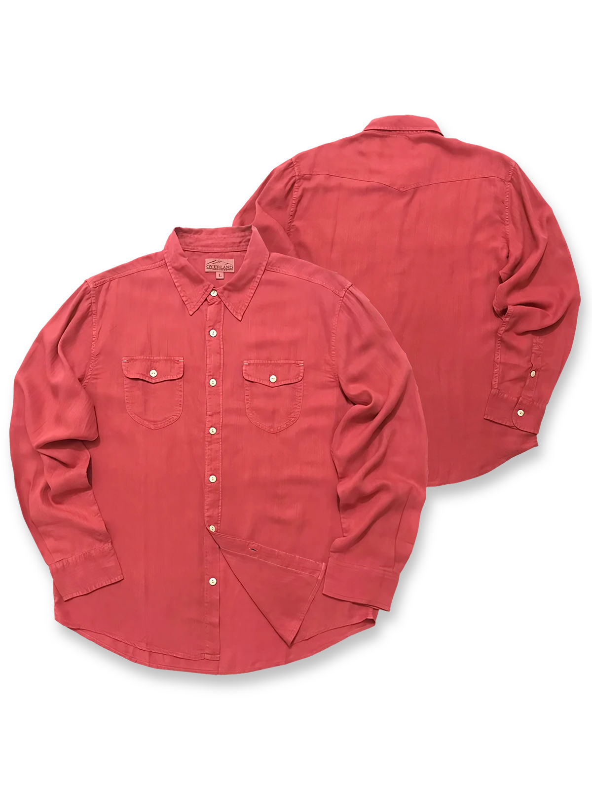 製品画像：ヘリンボーン柄の長袖シャツ全体の前面表示。テンセル素材と製品染め加工が特徴の快適で通気性のあるシャツ。ヴィンテージ感が際立つデザイン。

詳細画像：ヘリンボーン柄のアップと製品染め加工のディテール。肌触りの良いテンセル生地と細かい縫製が強調されています。通気性と快適さを兼ね備えたデザイン。