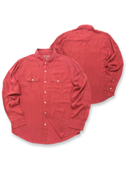 製品画像：ヘリンボーン柄の長袖シャツ全体の前面表示。テンセル素材と製品染め加工が特徴の快適で通気性のあるシャツ。ヴィンテージ感が際立つデザイン。

詳細画像：ヘリンボーン柄のアップと製品染め加工のディテール。肌触りの良いテンセル生地と細かい縫製が強調されています。通気性と快適さを兼ね備えたデザイン。