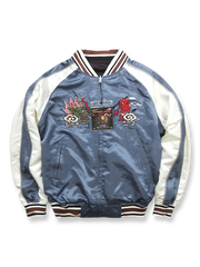 製品画像: 横須賀赤鬼青龍 リバーシブル シルクジャケット全体画像、伝統的な和風刺繍とハワイアンテイストのデザイン

詳細画像: 両面に施された赤鬼と青龍の刺繍ディテール、伝統的な横須賀スタイルと精巧な刺繍