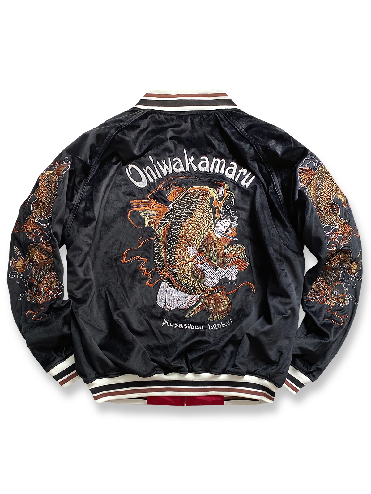 製品画像: リバーシブル 刺繍 横須賀 水滸伝 鬼若丸 ベルベット ジャケットの全体画像、日本の伝統とヴィンテージデザイン
詳細画像: 水滸伝 武松の虎退治と鬼若丸の鯉退治の刺繍ディテール、横須賀刺繍の精緻な技法