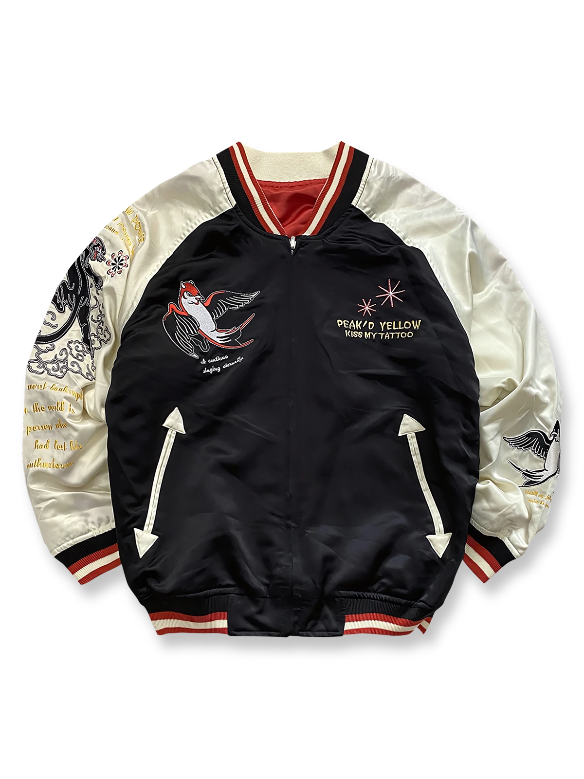 製品画像: リバーシブル 刺繍 横須賀 テッドマン 着物ギタリスト ジャケット全体画像、アメリカ文化と日本伝統を融合したデザイン
詳細画像: テッドマン（幸运の赤鬼）と着物ギタリストの刺繍ディテール、横須賀刺繍の芸術的な美しさと細部へのこだわり