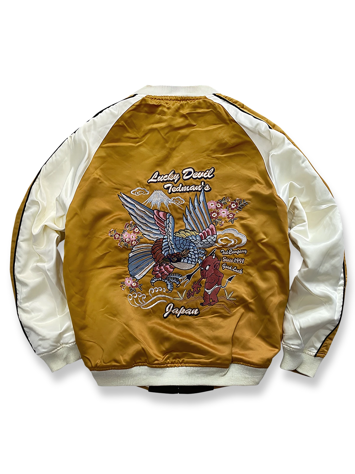 製品画像: リバーシブル シルク刺繍 横須賀 和柄タトゥーアートのシンガーとテッドマン ジャケットの全体画像、日本文化と個性の融合デザイン
詳細画像: 和柄タトゥーアートのシンガーとテッドマン（幸運の赤鬼）の刺繍ディテール、横須賀刺繍の精緻な美しさ